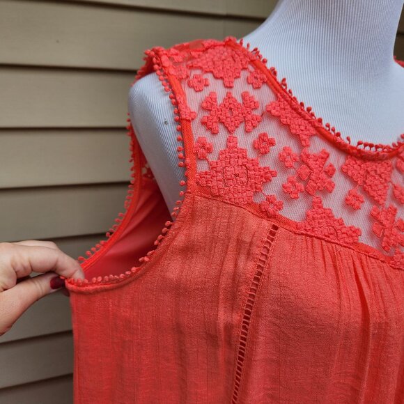 New Directions Coral Red Shift Dress NWT Lace Asymmetric Sleeveless Solid - Picture 5 of 15